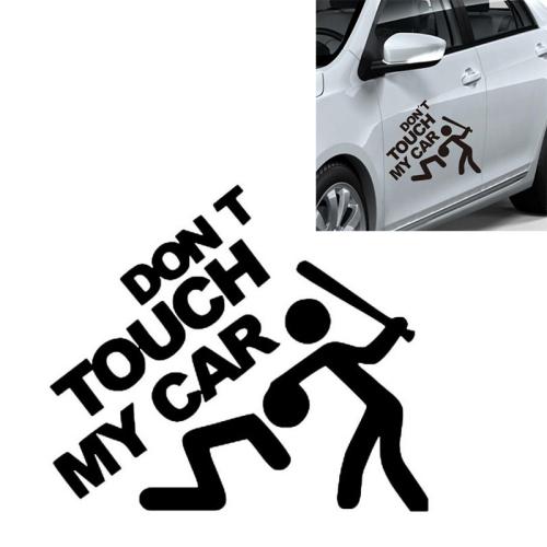 Black car window decal reading "DON'T TOUCH MY CAR" with warning icon figure.