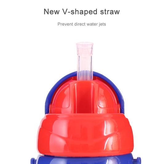 Straw bottle lid with V-shaped straw outlet, red cap and blue rim, clear body