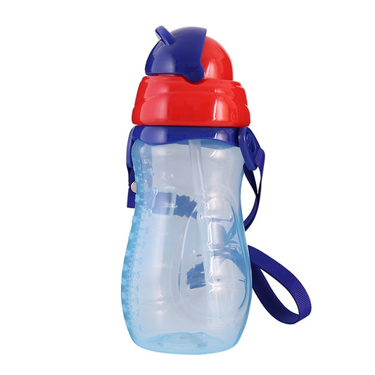 Kids sippy water bottle with straw, blue carry strap, red lid, clear body