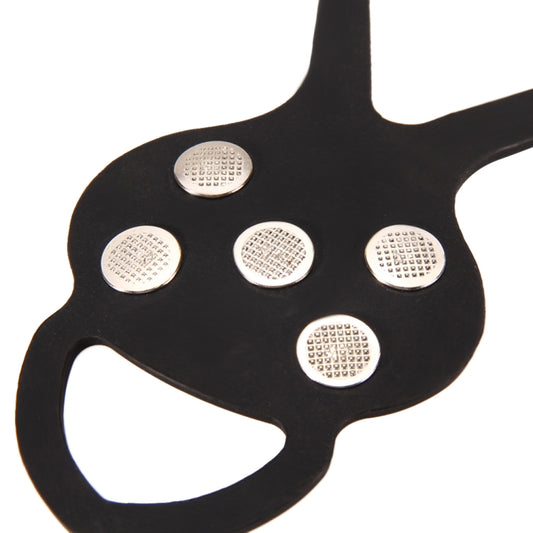 Black rubber ice cleat pad with circular stud plate and five metal spikes.