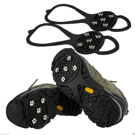 Rubber ice cleat shoe covers, black gourd shape with five metal spikes, pair.