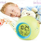 Round alarm clock with green backlit display showing time, day, date, and temperature