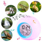 Round LED perpetual calendar alarm clock with pastel purple glow and digital time readout