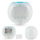 Round alarm clock with open battery compartment and display module, shown from the back