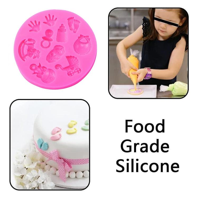Pink silicone mold with baby hand, foot, and bottle motifs for cake decorating