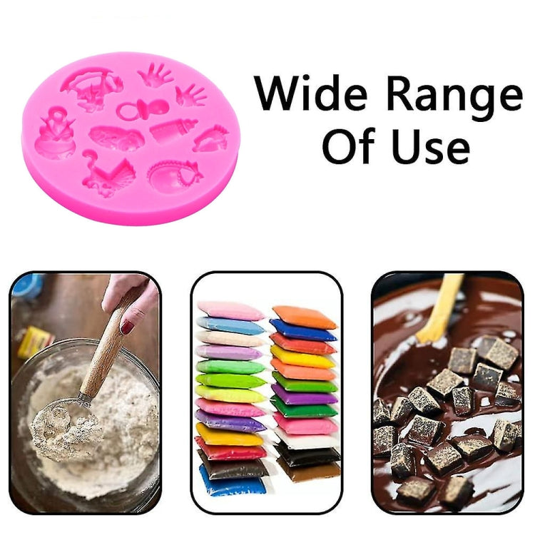 Pink round silicone mold with baby icons for fondant, chocolate, and baking