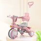 Pink kids tricycle stroller with wide seat and front pedals, three-wheel design