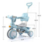 Light blue kids tricycle stroller shown with height and length measurement lines