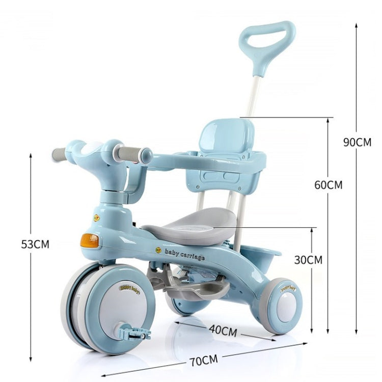 Light blue kids tricycle stroller shown with height and length measurement lines