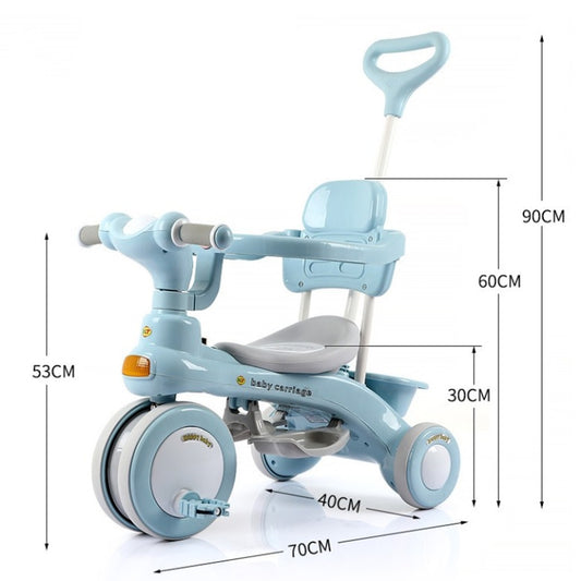 Light blue kids tricycle stroller shown with height and length measurement lines