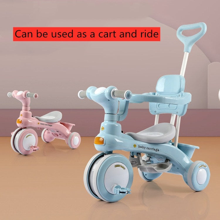 Light blue and pink kids tricycle stroller with raised handle and wide front tray