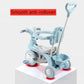 Light blue kids tricycle stroller with anti-roll wheels, handle, and front pedal area