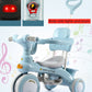 Light blue kids tricycle stroller with music panel area and padded front seat