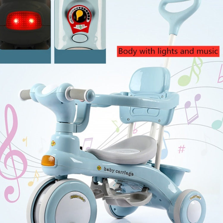 Light blue kids tricycle stroller with music panel area and padded front seat