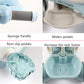 Light blue kids tricycle stroller detail: sponge handle, non-slip pedals, widened base