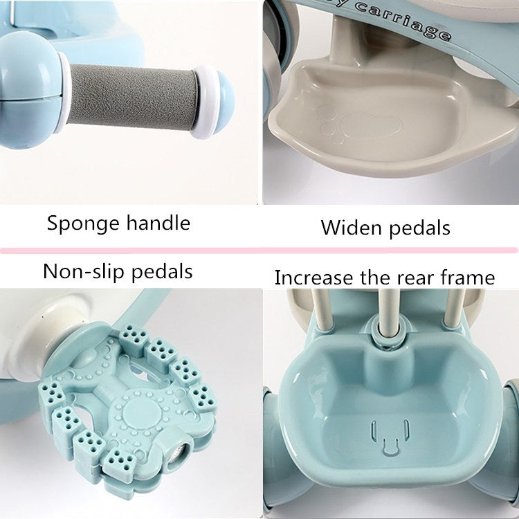 Light blue kids tricycle stroller detail: sponge handle, non-slip pedals, widened base