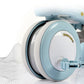 Light blue kids tricycle stroller close-up of front wheel and front body panel