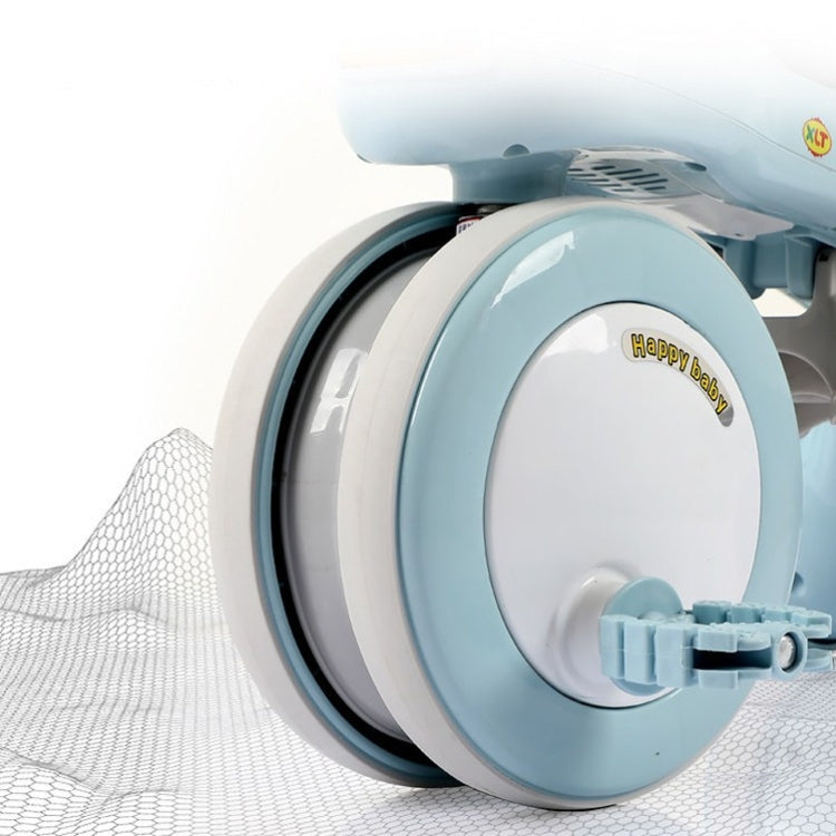 Light blue kids tricycle stroller close-up of front wheel and front body panel