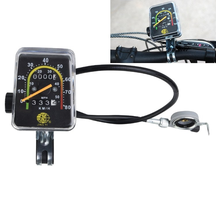 Mechanical bicycle odometer with clear square display, black cable, and handlebar mount