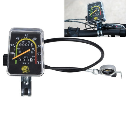 Mechanical bicycle odometer with clear square display, black cable, and handlebar mount