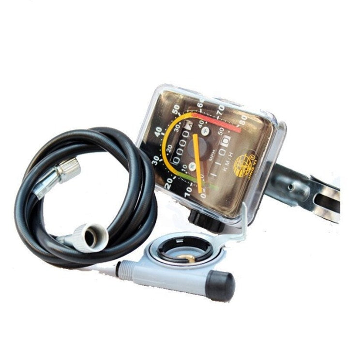 Mechanical odometer kit with clear rectangular speed display, cables, and handlebar mounting