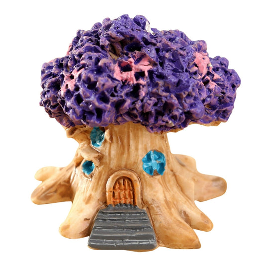 Purple resin tree decoration with tan trunk, arched door, gray steps, blue accents