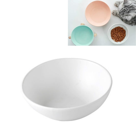 White ceramic pet food bowl, wide oval shape for cat or dog feeding.