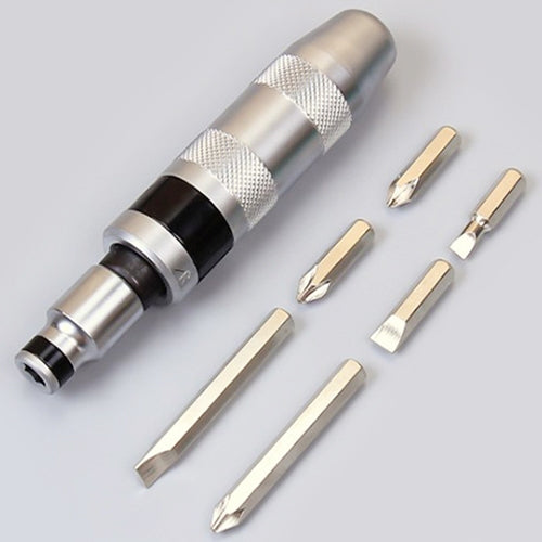 Silver impact driver with knurled grip and multiple metal screwdriver bits