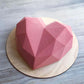 Diamond heart silicone baking mold, pink faceted heart on wooden base