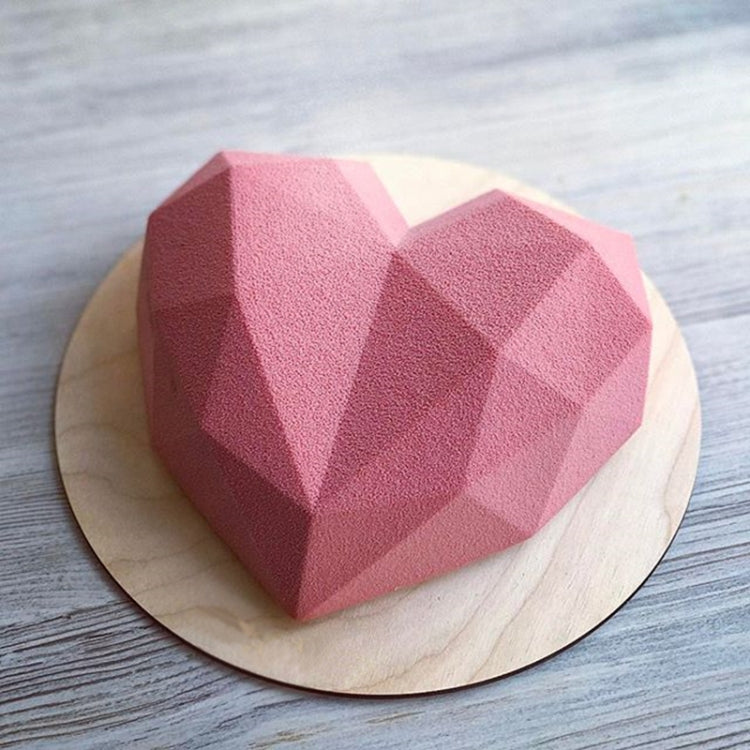Diamond heart silicone baking mold, pink faceted heart on wooden base