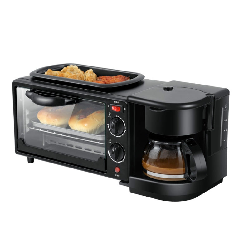 Black 3-in-1 electric breakfast machine with mini oven, frying pan, and coffee maker