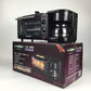 Black 3-in-1 electric breakfast machine with mini oven and coffee maker, on box