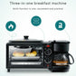 Black 3-in-1 breakfast machine with mini oven window and coffee maker on the right