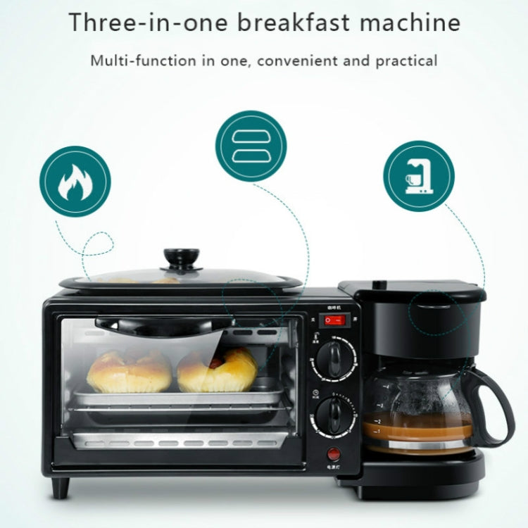 Black 3-in-1 breakfast machine with mini oven window and coffee maker on the right