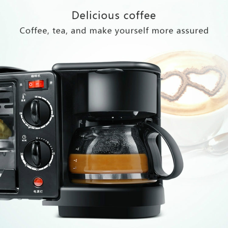 Black coffee maker unit with glass carafe on base, part of 3-in-1 breakfast appliance