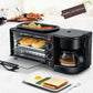 Black 3-in-1 breakfast machine showing mini oven, coffee carafe, and breakfast plate