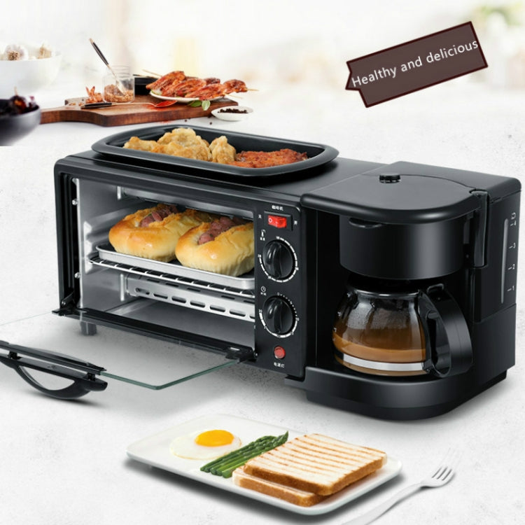 Black 3-in-1 breakfast machine showing mini oven, coffee carafe, and breakfast plate