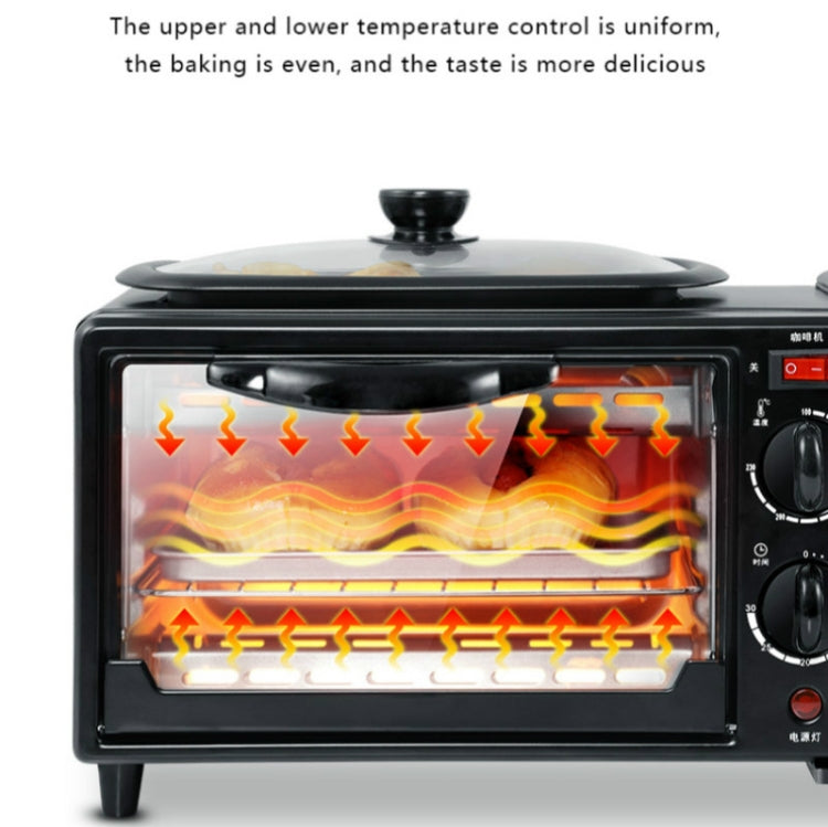 Black mini oven with glowing heating elements visible inside through the open door