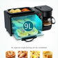 Black 3-in-1 breakfast machine with wide-view oven window and coffee maker carafe
