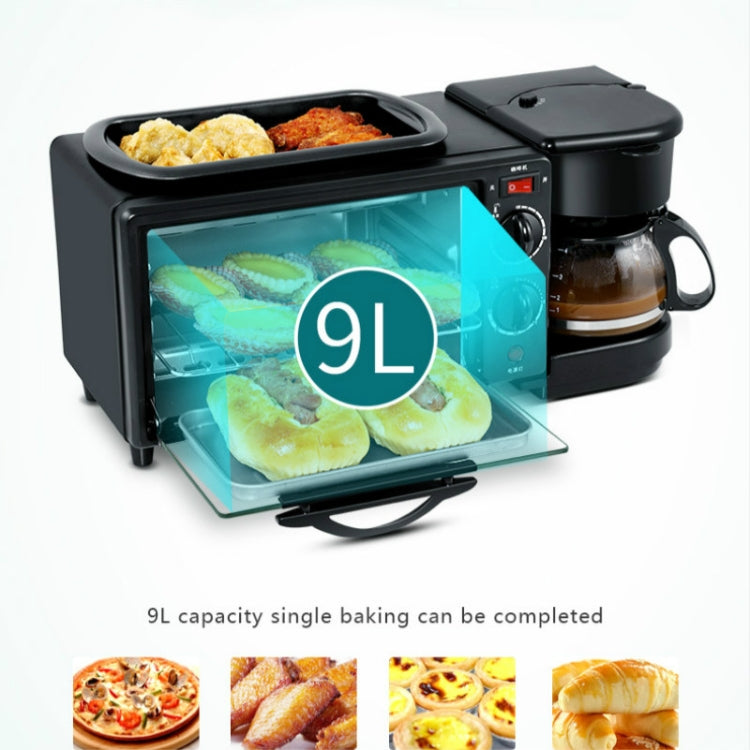 Black 3-in-1 breakfast machine with wide-view oven window and coffee maker carafe