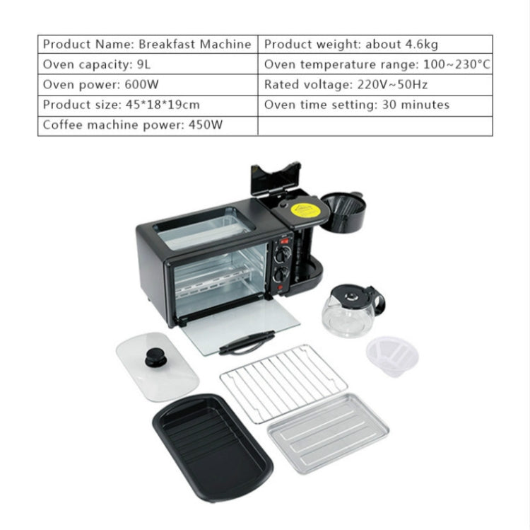 Black 3-in-1 breakfast machine with included accessories: trays, racks, and carafe