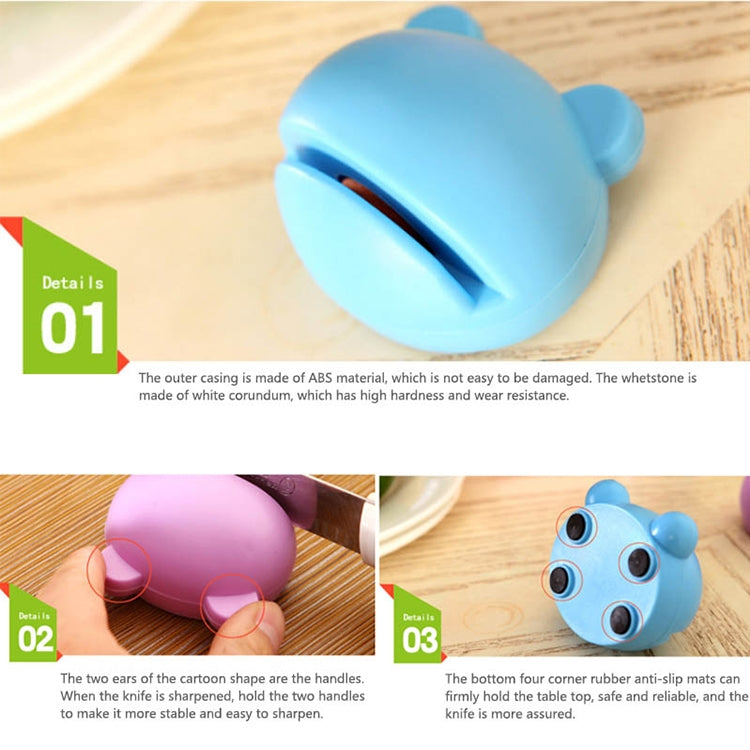 Blue cartoon-style handheld knife sharpener with rounded casing and side handle