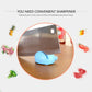 Blue cartoon-style knife sharpener, compact handheld design with blade slot