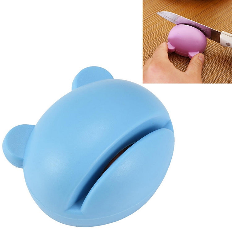 Blue cartoon-style handheld knife sharpener with curved groove