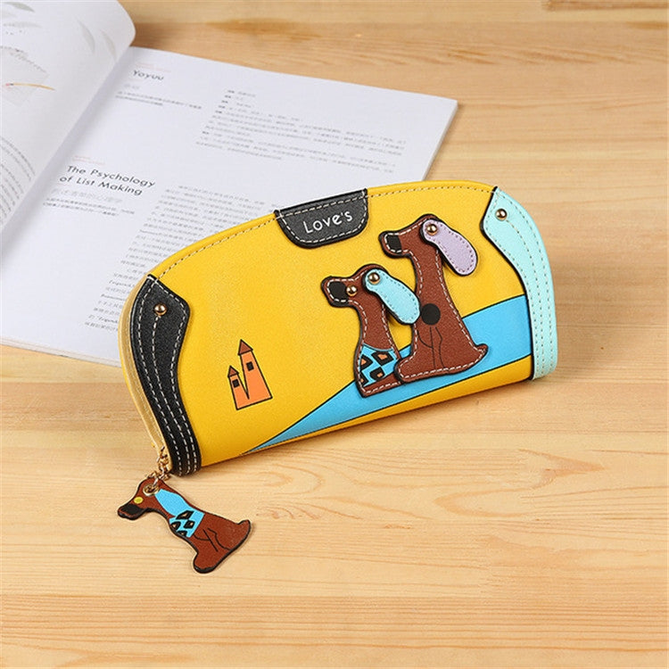 Yellow long zipper wallet clutch with cartoon dog appliques and blue side trim