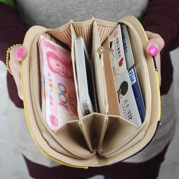 Cream long zipper wallet clutch interior with card slots and document compartments
