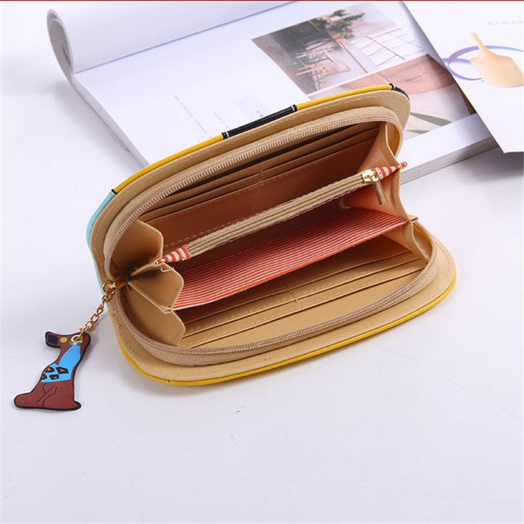 Long zipper wallet clutch open to show interior card holders and striped divider