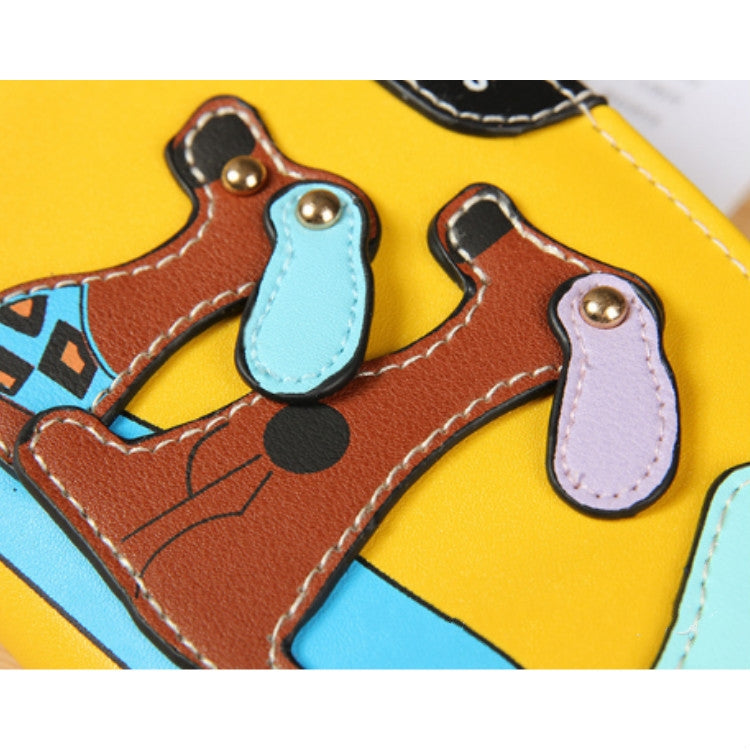 Cartoon dog applique on yellow long zipper wallet clutch with button details