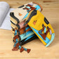 Yellow puppy zipper wallet clutch with dog applique, shown beside another stacked wallet