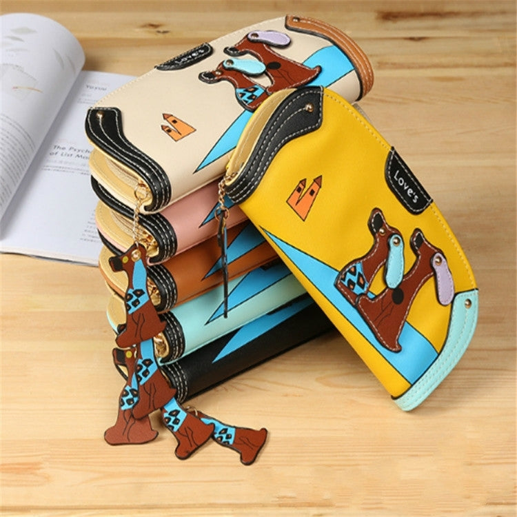 Yellow puppy zipper wallet clutch with dog applique, shown beside another stacked wallet